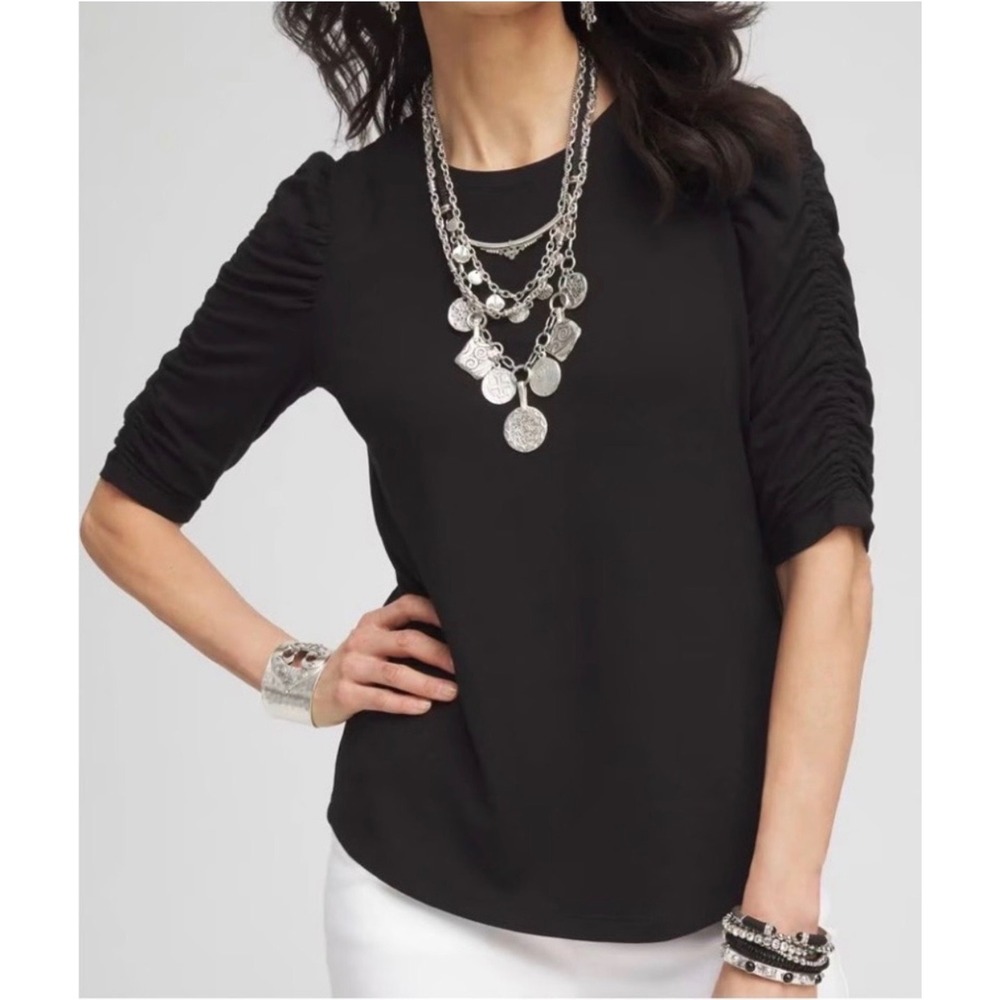 Chico's Touch of Cool Ruched‎ Sleeve Tee Black Knit Top 4 XXL 570383384 NEW